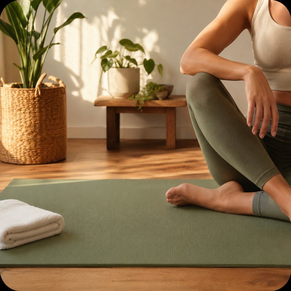 Seated stretch on a mat in warm daylight