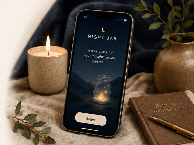 The Night Jar app open on a phone beside a candle