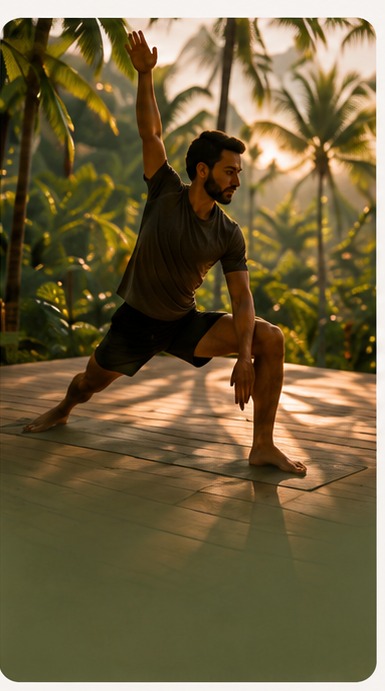 A lunge stretch outdoors among palms