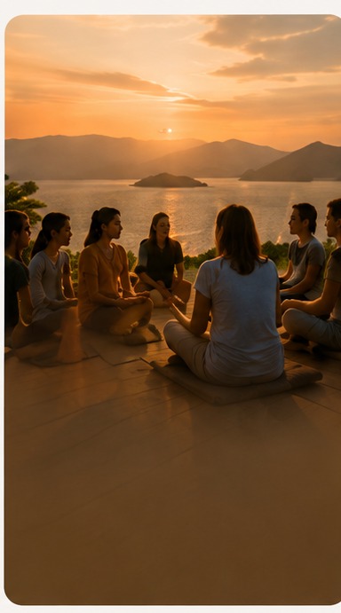 A circle of people sitting together at sunset