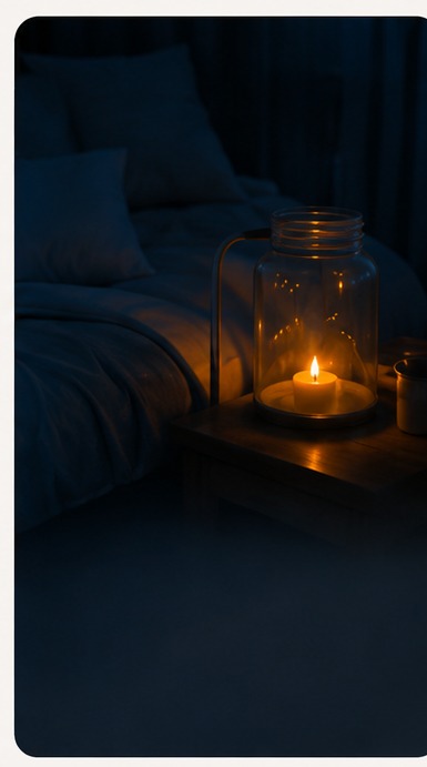 A lit jar lamp on a bedside table at night