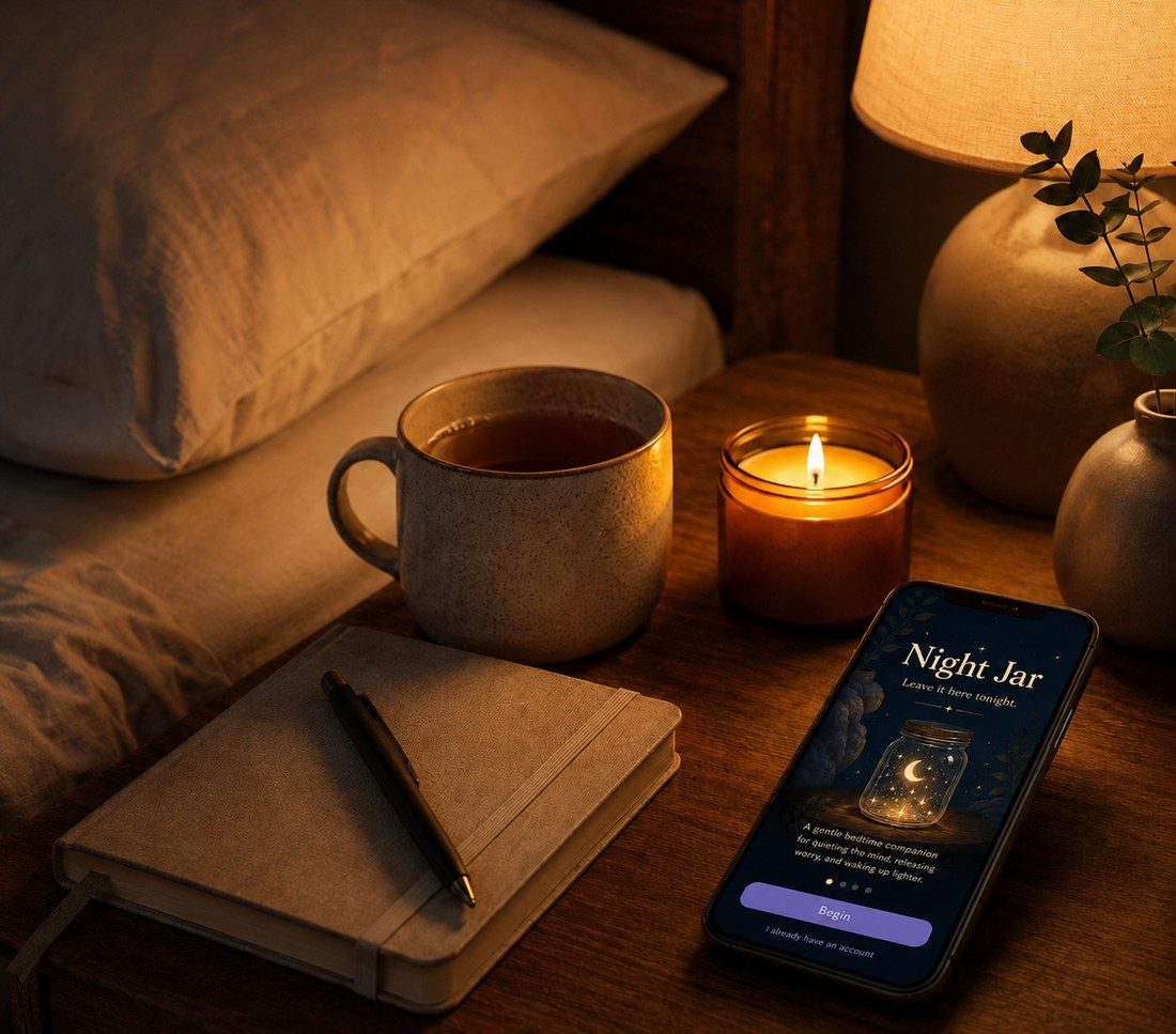 A bedside table with candle, journal and the GOODNIGHT JAR app