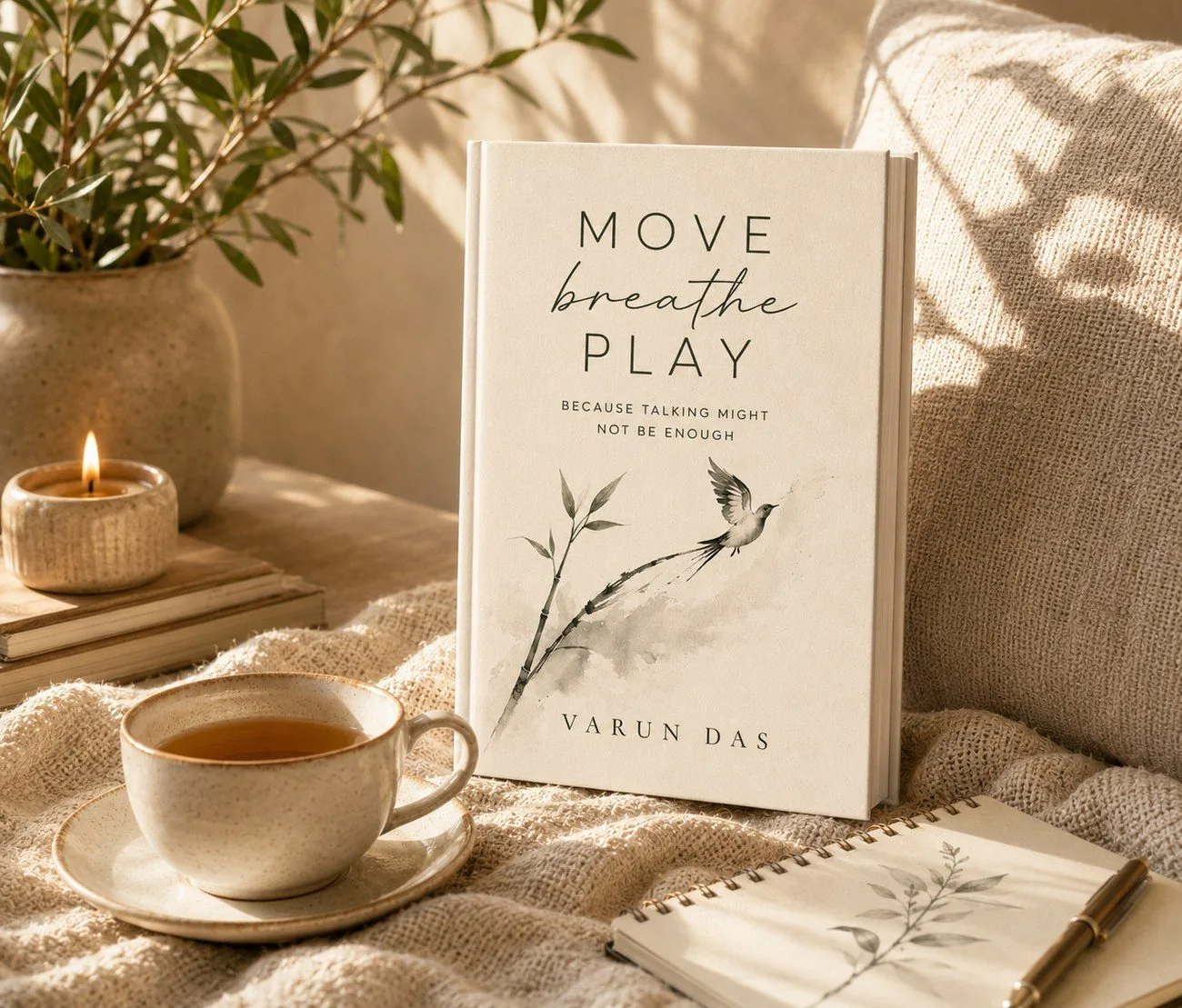Move, Breathe, Play by Varun Das, beside tea and a notebook